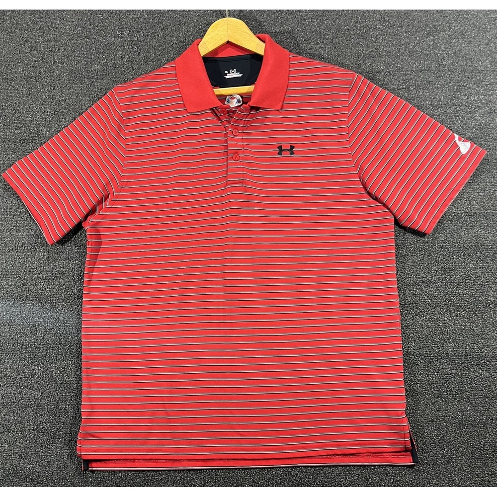 Under Armour Red Striped Golf Polo Shirt‎ Men's XL Hershey Logo Short Sleeve